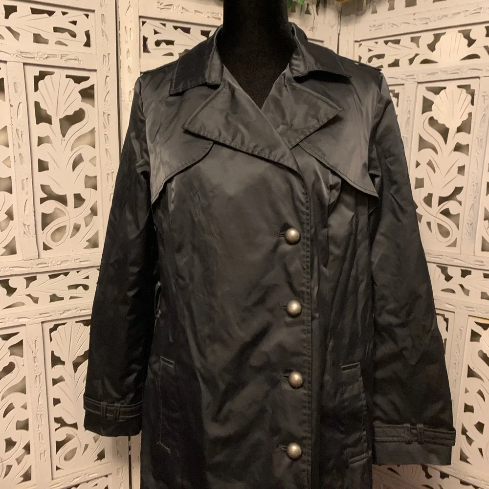 MOSSIMO SUPER NICE SHINY BLACK BUTTON UP LONG SLEEVE LONG COAT - Picture 2 of 9